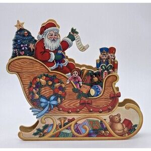 Vintage Animated Wooden Santa Sleigh Music Box Christmas Decoration Works